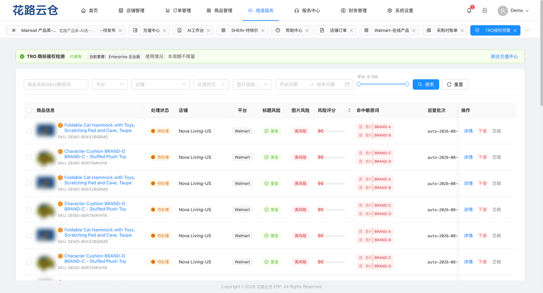 TRO 侵权预警列表：处理状态、标题风险、图片风险、风险评分与命中敏感词